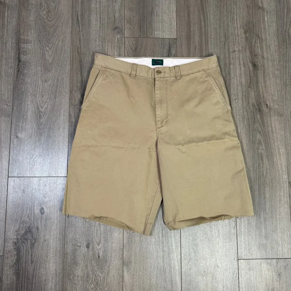 J.Crew Giant Fit Chino Shorts Mens 34 Dusty Khaki Cotton Twill Raw Hem Zip Fly